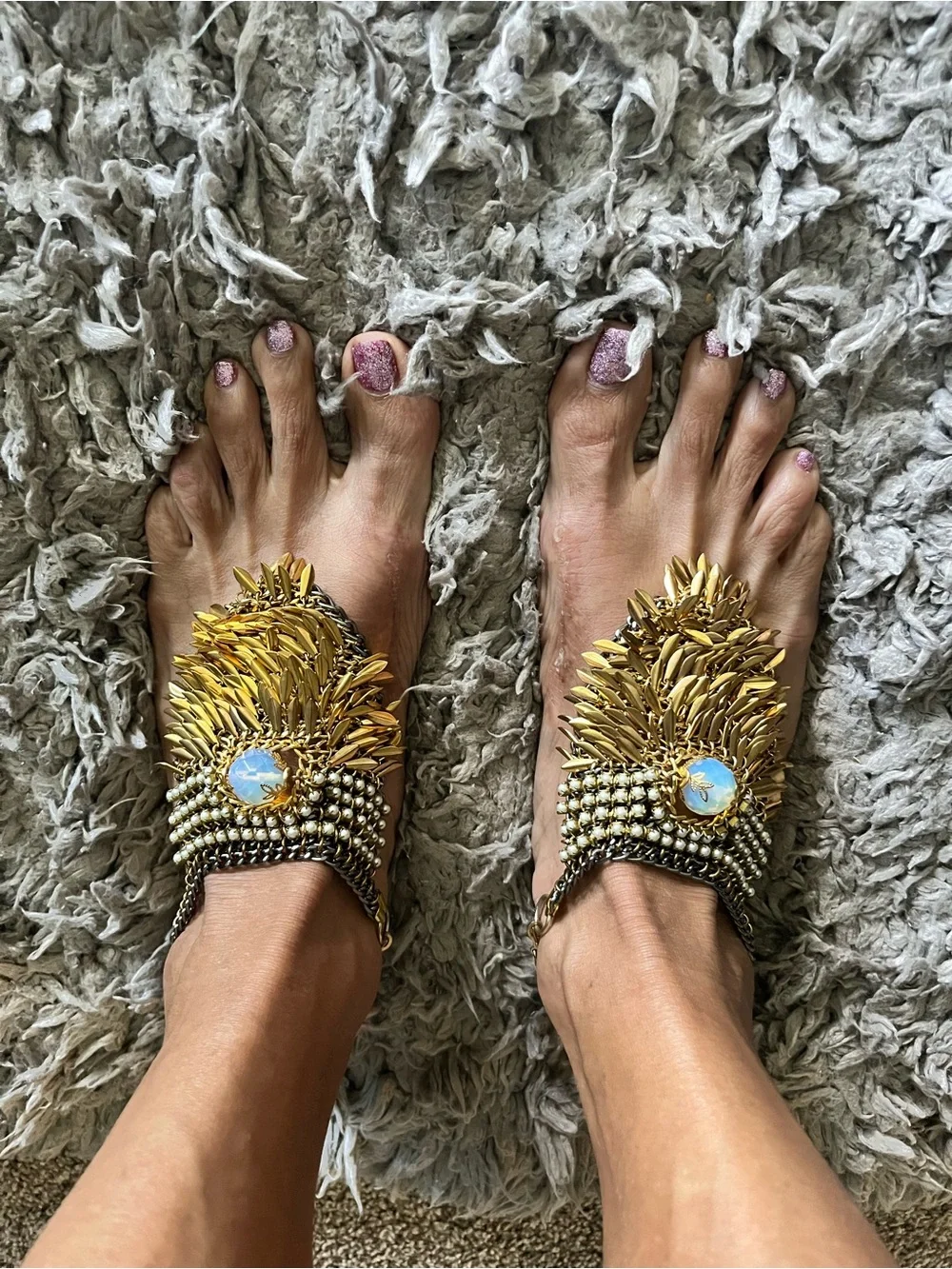 Gold-Tone Beaded Statement Ankle Bracelet Pair with Opalescent Stones